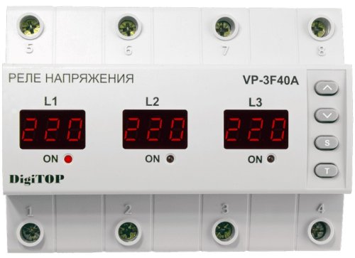 Реле напряжения трехфазное цифровое на DIN-рейку DigiTOP VP-3F40A 3х40А 50-400В картинка